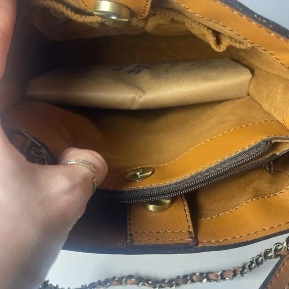 Patricia Nash Tan Tooled Leather Floral Crossbody Bag with Chain Handle